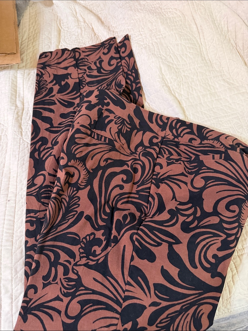 Chico's Brown and Black Scroll-Pattern Straight Leg Pants SZ 3. 16. NWOT